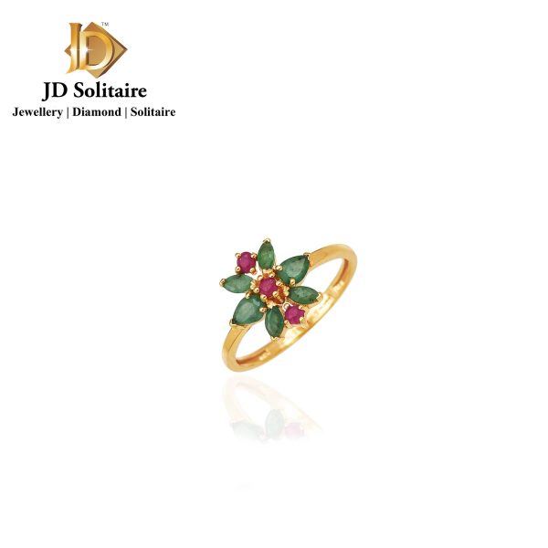 Ruby & Emerald 18 Karat Yellow Gold Foral Finger Ring